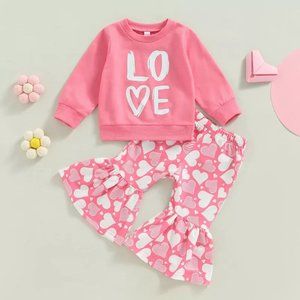 Valentine's Day Love Shirt & Heart Bell Bottoms Girls Outfit Set